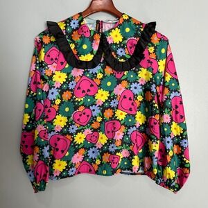 Twisted Wunder Multi Floral Heart Smiley Bib Collar Shirt US 4 NEW groovy hippie